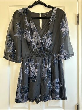 M As U Wish Black Navy Blue Gray Floral Velvet-Accent Wrap Romper